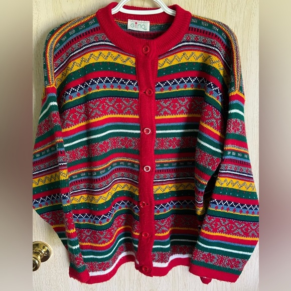 Gino Paris Sweaters - Vintage GINO PARIS Colorful Multicolor Cardigan Sweater made in France Sz Large